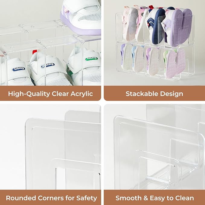 4 Pack Clear Acrylic Kids Shoe Rack for Closet Organizers and Storaget, Baby Shoe Storage Small Shoe Rack 4 Sections Kids Shoe Organizer Stackable,Desk File Sorter Book Purse Organizer