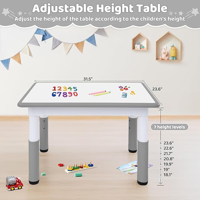Toddler Table, 7 Level Height Adjustable Kids Play Furniture for Ages 3-8, Rectangular Plastic, 23.6" W x31.5 L, Multi-Activity Desk with Graffiti Desktop for Home & Daycare