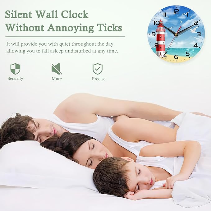 Wall Clocks Battery Operated,Lighthouse Clock for Living Room,Seagull Seaside Decorative Wall Clock for Living Room,Bedroom,Kitchen,10 Inch