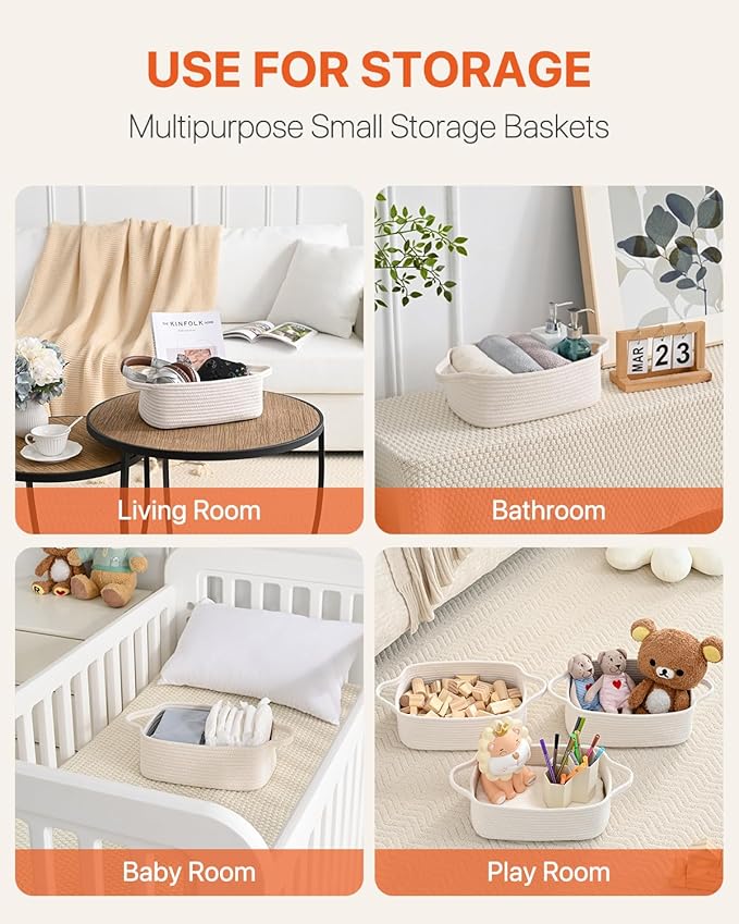 Small Woven Basket, 12 x 8 x 4.5 Inches, Small Storage Baskets for Organizing, Gift Baskets Empty, Cute Rope Shelf Closet Storage Bins for Shelves, Dog Toy Basket, Off White