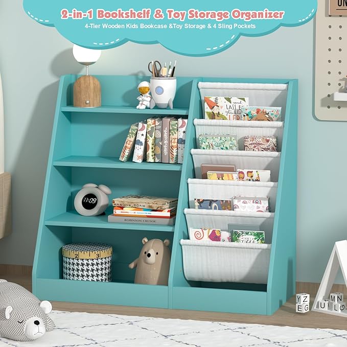 4 Tier Kids Bookshelf Wooden, Five Layer Sling Children Bookcase, Baby Toddler Storage Book Rack, Book and Toy Organizer Cabinet Chest, Book Display Shelf Stand, Playroom Nursery Classroom Library