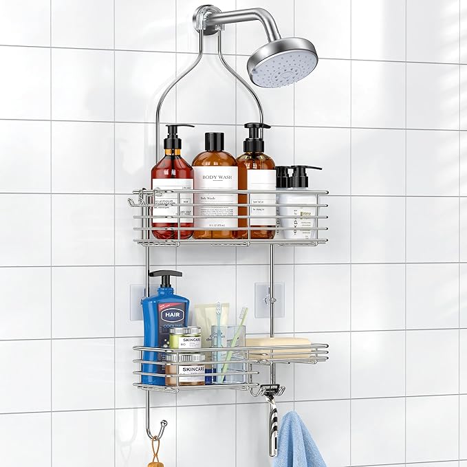 SMARTAKE Hanging Shower Head Caddy, Rustproof Bathroom Shower Shelf Organizer, SUS201 Stainless Steel Over The Storage Rack, for Toilet, Bathroom, Silver