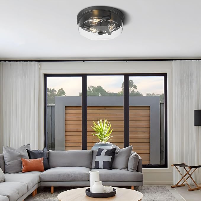 Flush Mount Ceiling Light with Clear Glass Shade, 3-Light Indoor Outdoor Farmhouse Lighting Flush Mount Lights for Kitchen Bedroom Porch Living Dining Room (Black)