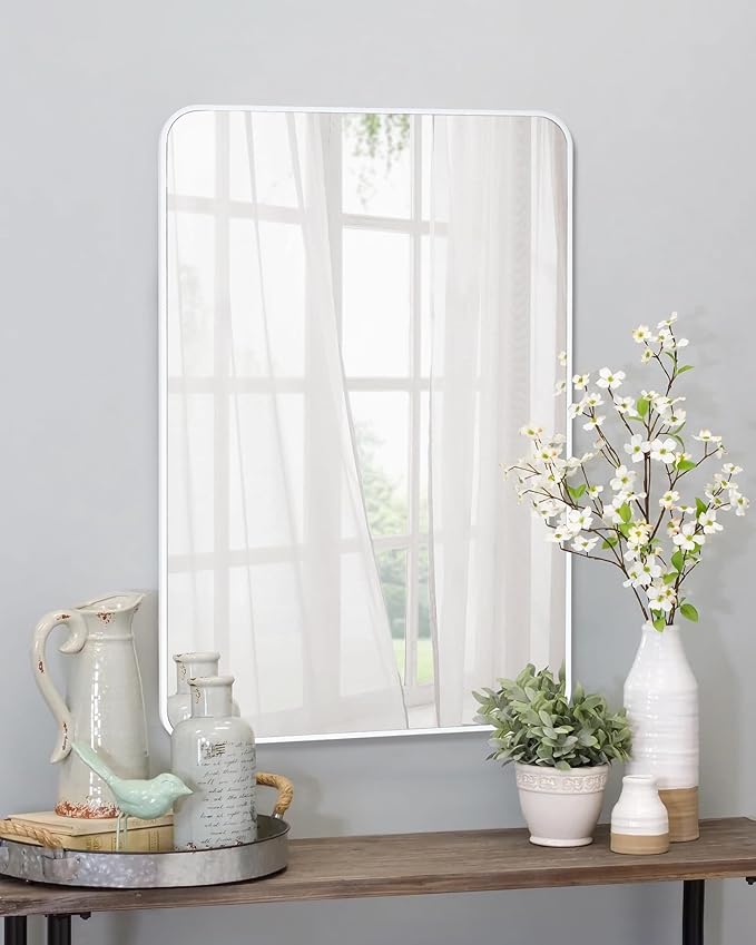 White Bathroom Mirror,20 x 30 Inch Rectangle Wall Mirror with Wood Frame,Vanity Modern Tempered Glass Mirror for Bedroom,Entryway,Living Room