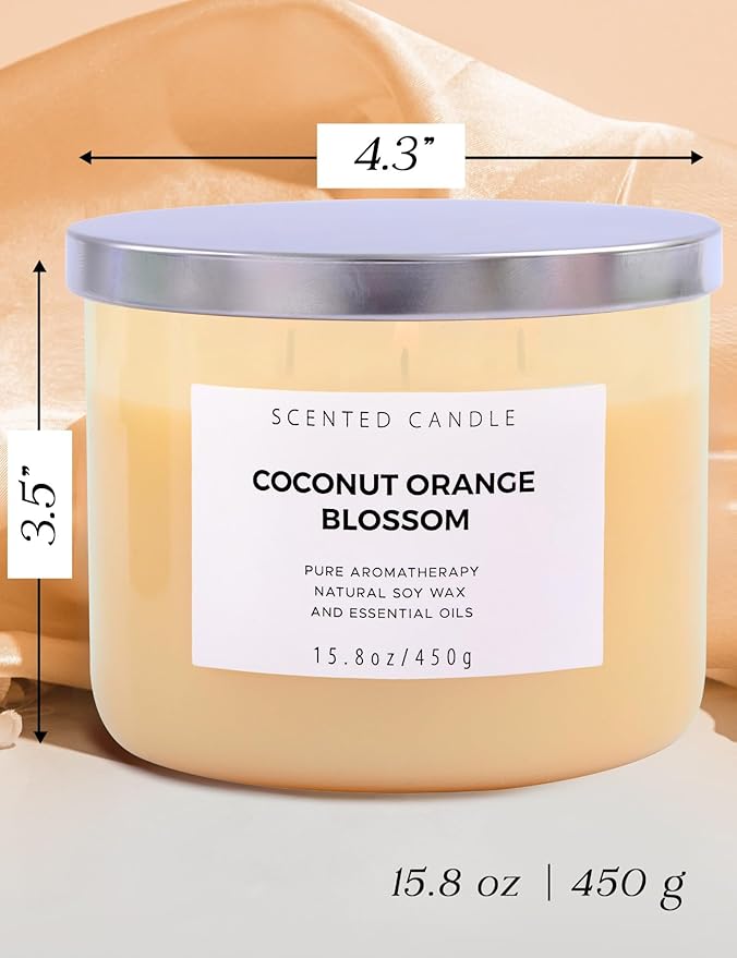 Coconut Orange Blossom 3 Wick Candle | Highly Scented Soy Candles for Home 15.8 oz, Summer & Tropical Scented Candle | Aromatherapy Stress Relief Candle, Relaxing Clean Burning Candles for Women & Men