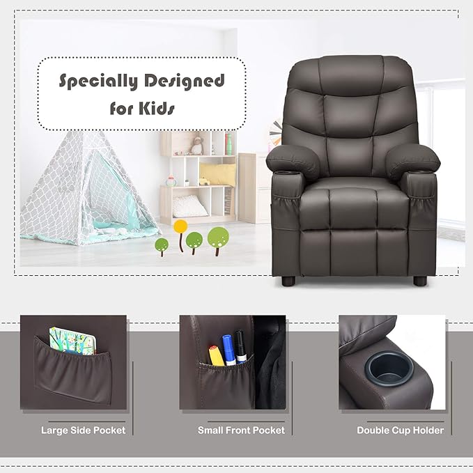 GLACER Kids Recliner Chair w/Cup Holder & Side Pockets, Children Recliner w/Comfortable Backrest, Armrests & Footrest, Toddler PU Leather Recliner for Boys Girls, 3+ Age Group (Brown)
