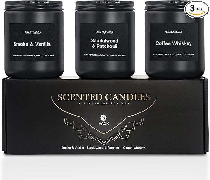 Scented Candle Set, Men Candle Set, Scented Candles for Home, Gifts for Men, 3 Pack Manly Candles Gifts for Mens Scents of Smoke & Vanilla/Sandalwood & Patchouli/Coffee Whiskey