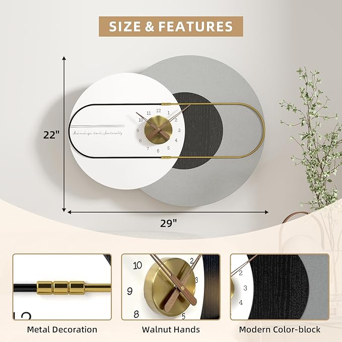 22x29 Inch Modern Abstract Modern Wall Clock – Silent Non-Ticking Decorative Battery Operated Clocks for Bedroom, Entryway, Home Office