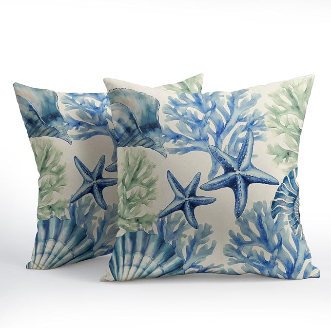 Kawani Beach Theme Pillow Covers 22x22 Inch Coastal Starfish Coral Outdoor Throw Pillows Set of 2 Summer Ocean Nautical Pillowcases Rustic Cushion Covers for Couch Home Decor