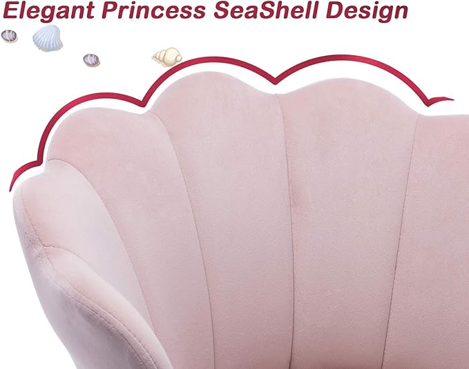 Adjustable Kids Desk Chair Cute Reading Computer Chair for Students Modern Upholstered Velvet Swivel Rolling Armchair for Girls Bedroom, Seashell Back (Light Pink)