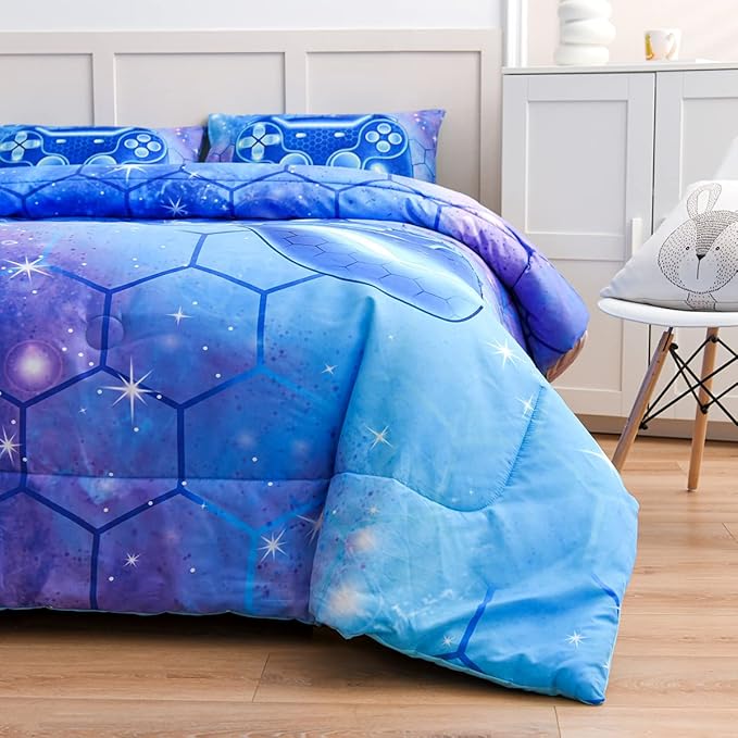 NTBED Game Console Comforter Set for Boys Girls Kids 3D Gaming Geometric Lightweight Microfiber Bedding Sets (Blue Purple, Twin)