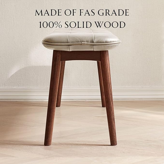 51.2'' Leather Upholstered Dining Bench with 100% Solid Oak Wood Bench Frame, Checkered Stitched Padded Cowhide Bed End Bench Ottoman for Kitchen Living Room Bedroom Entryway, Taupe