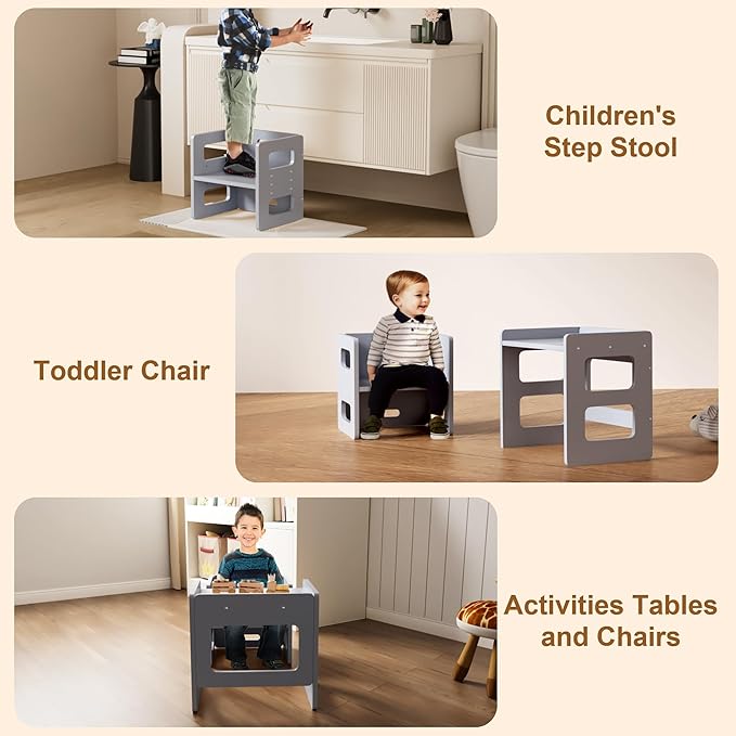 Montessori Weaning Table and Chair Set for Toddler and Baby, Kids Table and Chair Set- Solid Wood Toddler Furniture with Adjustable Height, Step Stool, for 1-3 Year Old Kids - Grey