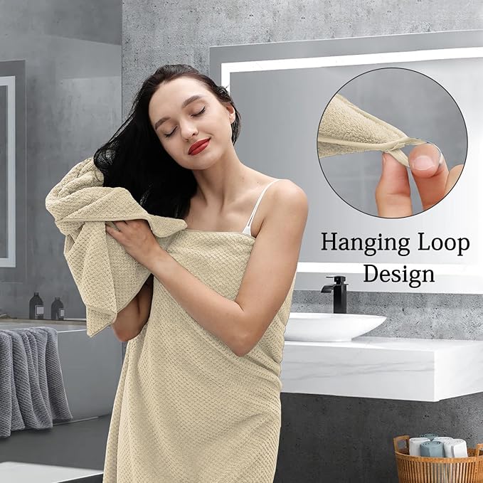 8-Piece Beige Bath Towels Set,2 Oversized Large Bath Towels Sheet,2 Hand Towels and 4 Washcloths - 600 GSM Soft Luxury Towel Set,Highly Absorbent Quick Dry Towel Collection for Bathroom,Hotel and Spa