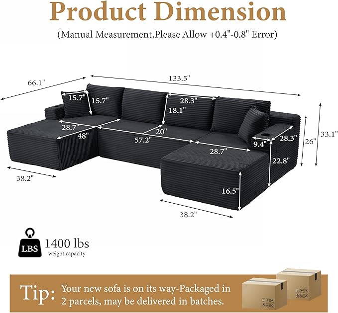 104''Sectional Cloud Couch with L Shaped Chaise,Modern Modular Sectional Sofa,Boneless Couch with Deep Seat,Comfy Couches for Living Room (Dark Grey, U Shaped)