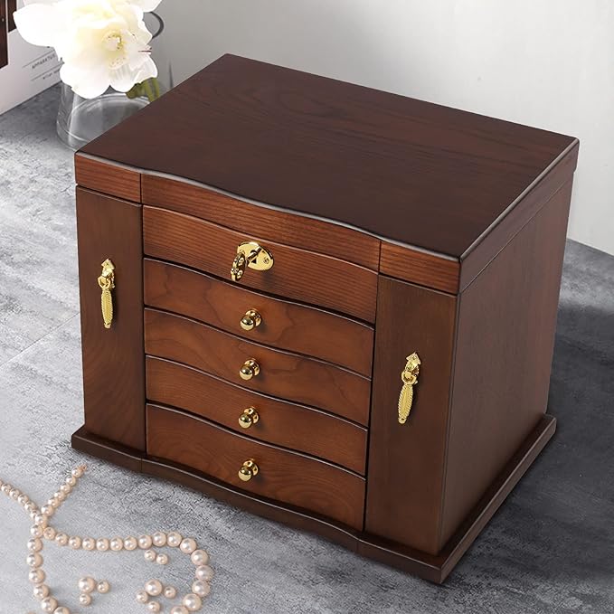 SHZICMY 5 Layers Solid Wooden Jewelry Boxes With Mirror,Vintage Jewelry Storage Organizer for Bracelet Necklace Ring Storage