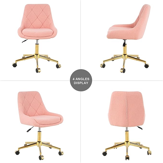 Furnimart 360° Swivel Rolling Desk Chair, Height Adjustable Vanity Chair with Gold Legs, Pink Cute Task Chair with Wheels for Dorm Bedroom Studying Small Places (Teddy Pink)