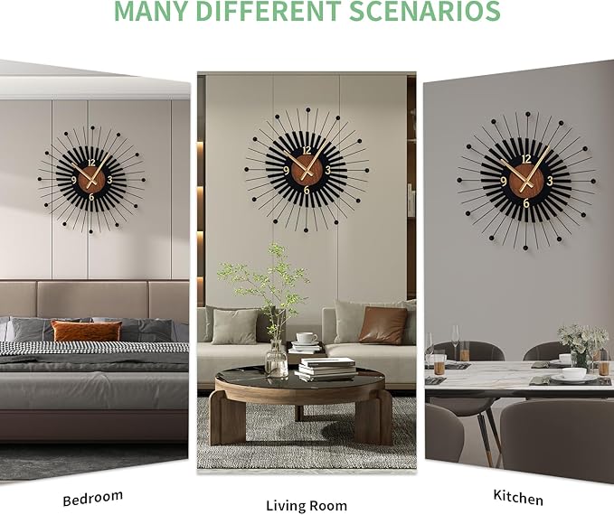 22 Inch Modern Sunburst Wall Clock Battery Operated, Black Metal Radiating Design with Walnut Wood Center, Silent Quartz Movement, Gold Hands – Decorative Clocks for Living Room, Office, Bedroom