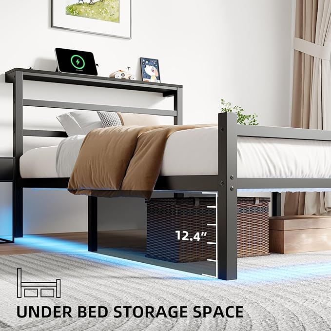 Twin Size Bed Frame with LED Lights, Metal Platform Bed Frame with Storage Headboard, Modern Bed Frame with Charging Station, Heavy Duty Metal Slat, No Box Spring Needed, Easy Assembly, Black