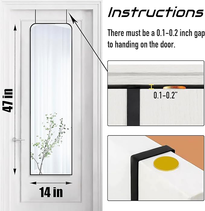 47x14 Mirror Full Body Length Back Door Hanging Wall Mounted Metal Frame Make-up Rectangle Dressing Mirrors for Bedroom Bathroom Living Room 47 14 inch Black