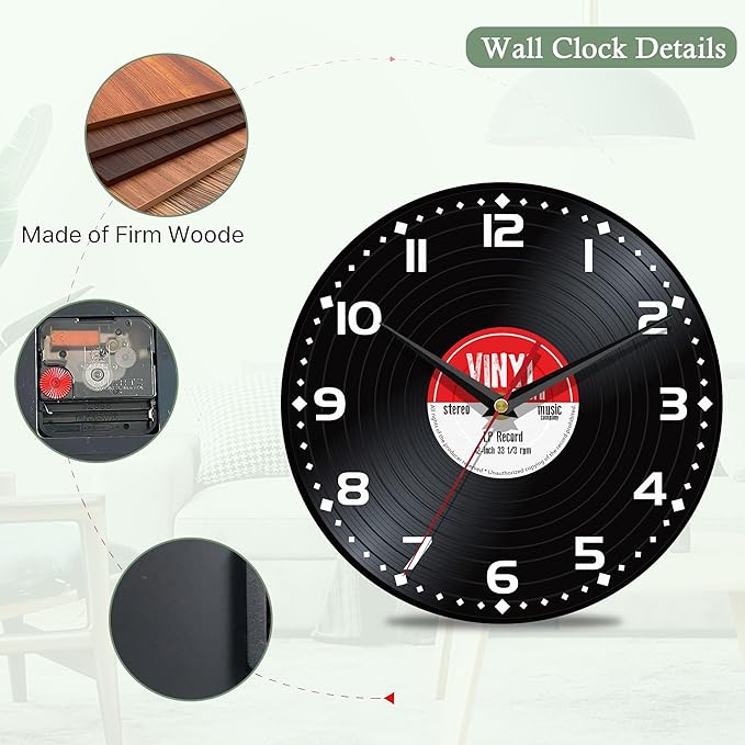 Wall Clocks,Record Wall Clock Decorative,Musical Black Kitchen Wall Clocks Battery Operated-10 Inch Round Bathroom Wall Clock Silent Non-Ticking
