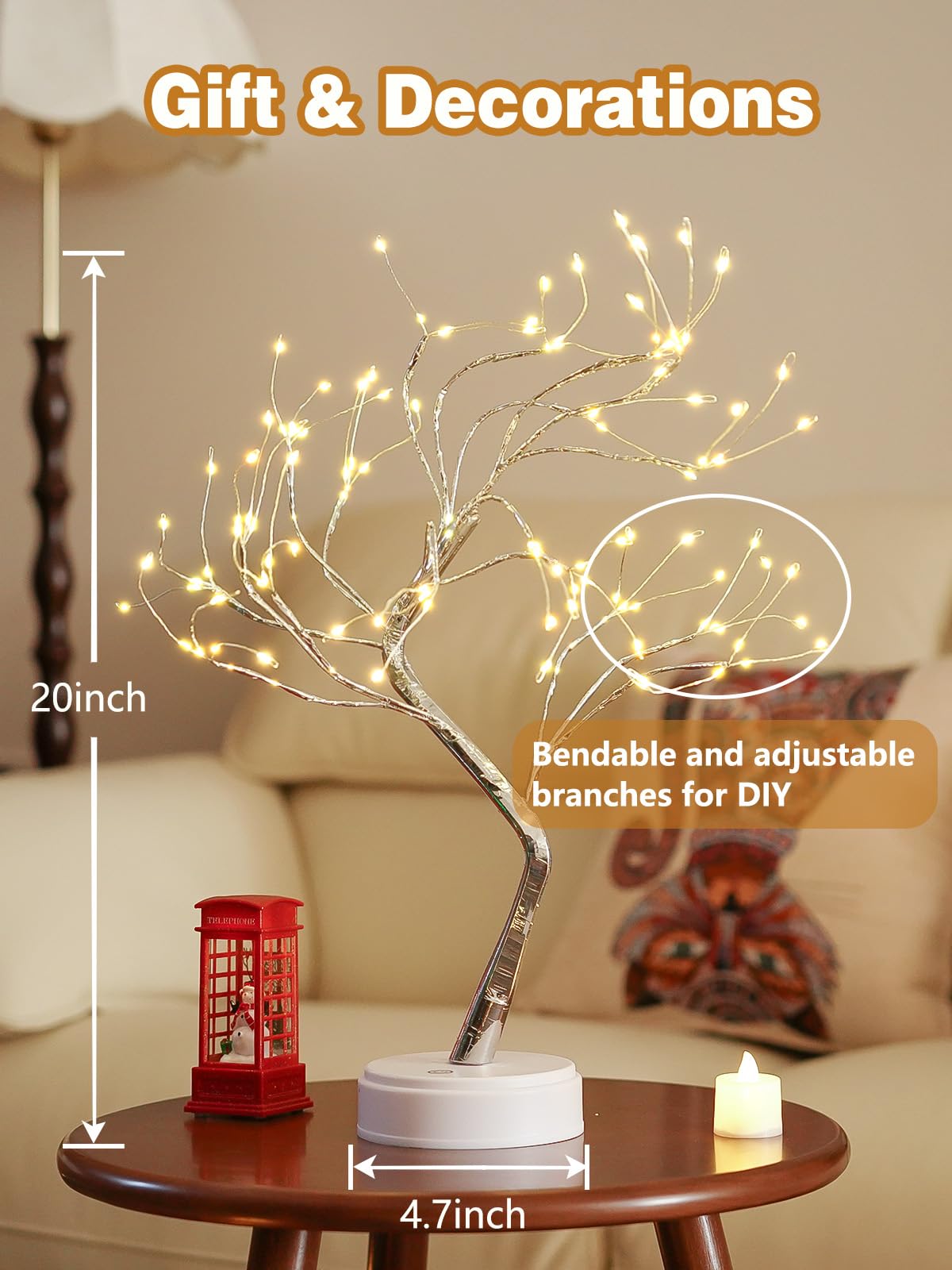 2 Pack Christmas Fairy Lights Spirit Tree, 20" 108 LED Tabletop Mini Twinkle Tree Lights Warm White with 2 Modes, USB & Battery Christmas Artificial Bonsai Trees Lamp for Home Bedroom Indoor DIY Decor