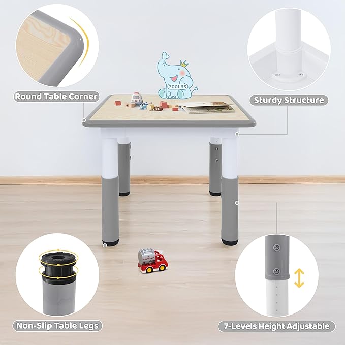 Toddler Table, 7 Level Height Adjustable Kids Play Furniture for Ages 3-8, Rectangular Plastic, 23.6" W x23.6 L, Multi-Activity Desk with Graffiti Desktop for Home & Daycare