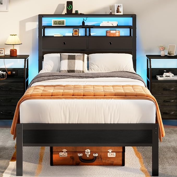 Furnulem Twin Bed Frames with Charging Station and LED Lights, Wood Headboard with 2 Fabric Drawers and Storage Shelves, Twin Size Platform Bed with Metal Slats, No Box Spring Needed, Black Oak