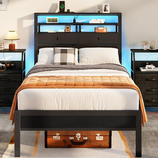Furnulem Twin Bed Frames with Charging Station and LED Lights, Wood Headboard with 2 Fabric Drawers and Storage Shelves, Twin Size Platform Bed with Metal Slats, No Box Spring Needed, Black Oak
