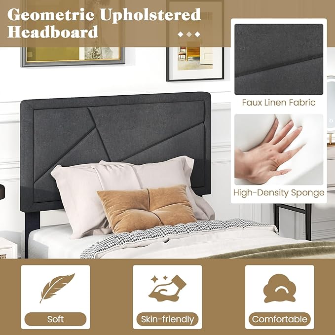 Giantex Twin Bed Frames with Headboard, Modern Upholstered Platform Bed Frame with Geometric Tufting Headboard, Wooden Slats Support, No Box Spring Needed, Gray