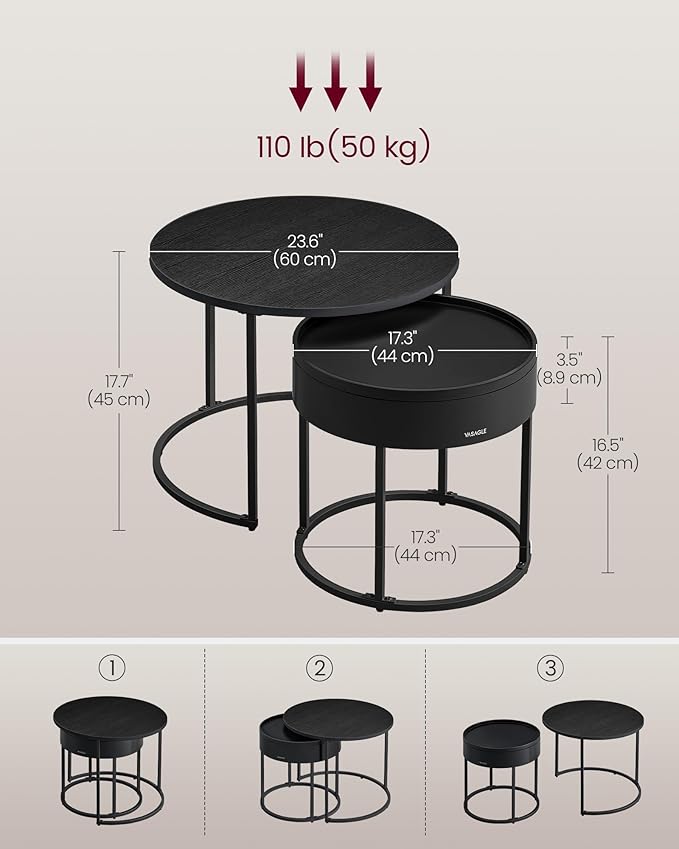VASAGLE Round Coffee Tables, Set of 2 Nesting Tables, Modern Round Side Tables with Hidden Storage and Top Tray, for Living Room, Bedroom, Office, Ebony Black and Ink Black ULCT044B56