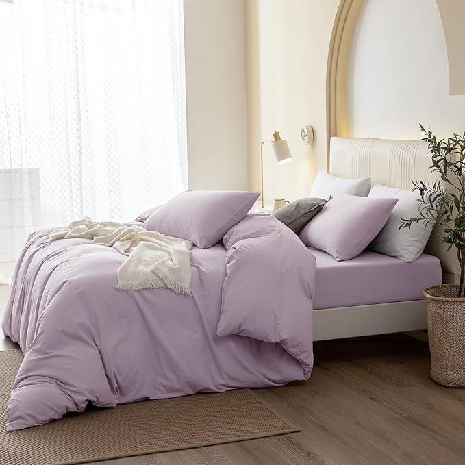 JIYUAN 100% Washed Cotton Duvet Cover Set 2 Pieces Twin, 1 Duvet Cover 68x90 Inches(Comforter Not Included) and 1 Pillowcase,Linen Like Comfy and Breathable,Heathered Light Purple