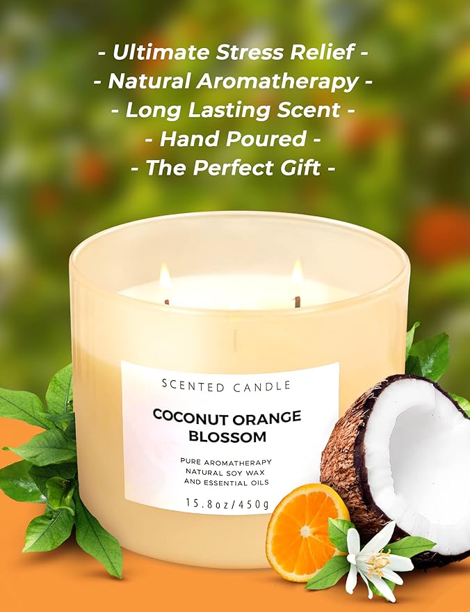 Coconut Orange Blossom 3 Wick Candle | Highly Scented Soy Candles for Home 15.8 oz, Summer & Tropical Scented Candle | Aromatherapy Stress Relief Candle, Relaxing Clean Burning Candles for Women & Men