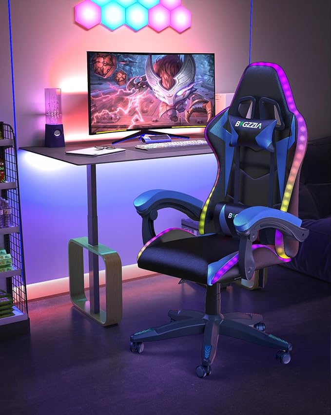 Bigzzia Gaming Chair with RGB LED Lights, High Back Ergonomic Computer Gamer Chair with Headrest and Lumbar Support, Racing Style Reclining Game Chair for Adults, Kids(Black/Blue)