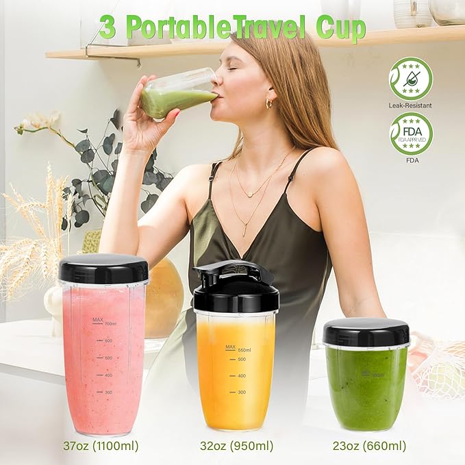 Nahida Blender for Smoothies, 1200W Smoothie Blender for Ices Crushing, Blenders with (2) 6-Fin Blades, Personal Blenders for Kitchen with 23oz, 32oz, 37oz Easy Go Cups for Juices, Black