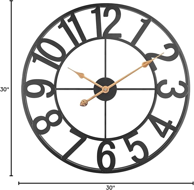 Large Wall Clock for Living Room Decor, 30 in Oversized Wall Clocks Battery Operated Silent Non Ticking, Modern Farmhouse Decorative Wall Clock for Kitchen, Bedroom, Office - Black Metal