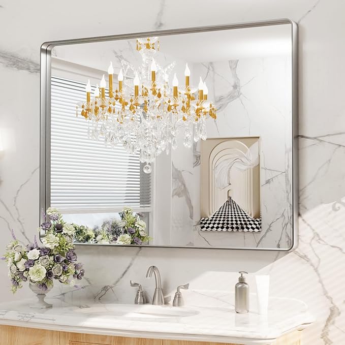 LOAAO 48X36 Inch Brushed Nickel Bathroom Mirror, Rounded Rectangle Silver Metal Frame Mirror, Brushed Nickel, Anti-Rust, Shatter Proof, Hangs Horizontally or Vertically