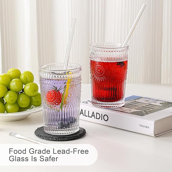 Vintage Glassware Drinking Glasses Set of 6,13 oz Clear Textured Flower Design Glass Water Tumblers,Embossed Striped Drinkware for Water,Cocktails,Juice,Iced Coffee