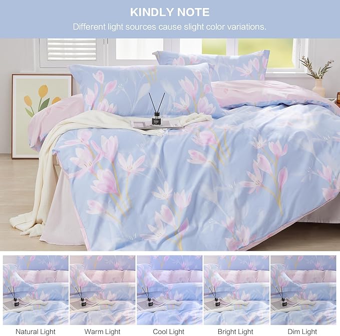 SAPHREAS Pink Orchid Flower Pattern Duvet Cover Set King Size 3pcs Blue Floral Bedding Comforter Cover Set 100% Cotton 1 Duvet Cover 104"x90" 2 Pillow Shams, Comforter Not Included