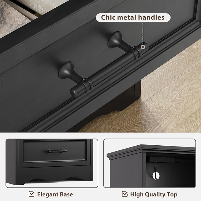 Set of 2 Farmhouse Nightstands with Charging Station, Black End Tables with 2 Drawers Storage, Space-Saving Wood Storage Cabinets with Unique Base Design, Bedside Tables for Bedroom, Living Room