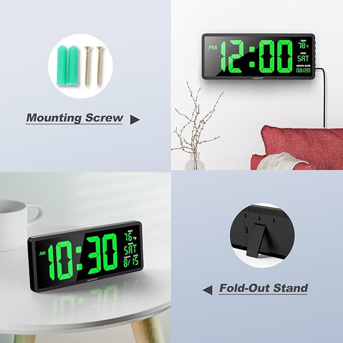 YORTOT 16β Large Digital Wall Clock with Remote Control and 7 Night Lights, 4 Level Dimmer, Super Easy to See, Big LED Clock with Indoor Temperature, Date, Perfect for Home, Office, Gym (Green)