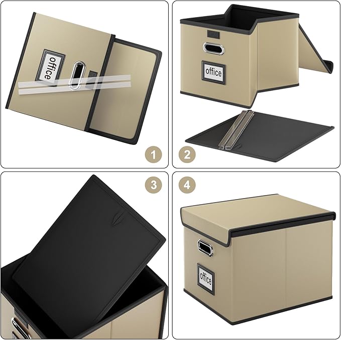 Huolewa Portable Leather File Organizer Boxes with Lids, Office Document Boxes Organizer, Filing Boxes, Decorative Small File Boxes for Hanging Files with Plastic Slide for Office/Decor/Home