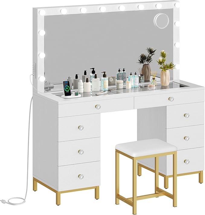 DWVO White Vanity Desk with Mirror: Makeup Table Set with 14 LED Lights & Charging Station Magnifying Mirror, 3 Light Modes, 8 Drawers and Storage Stool