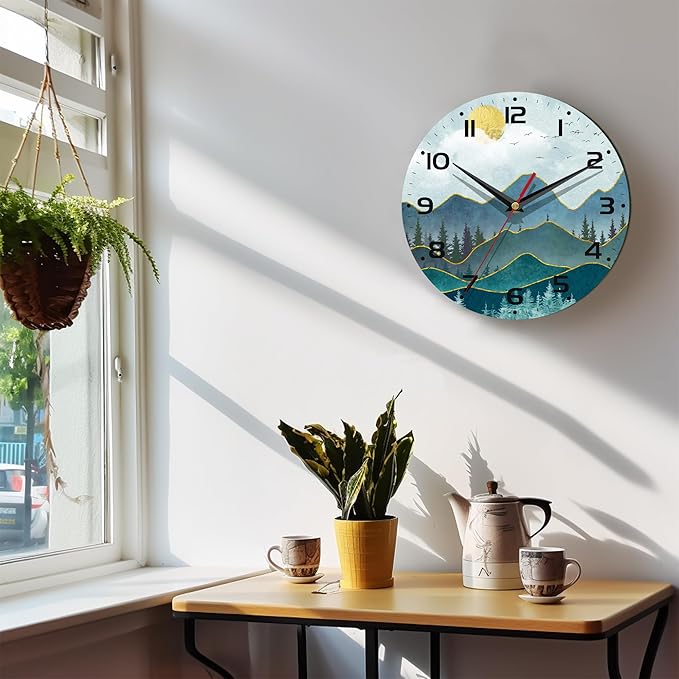 Wall Clock, 10 Inch Silent Non-Ticking Home Kitchen Decor, Battery Operated for Bathroom Bedroom Living Room Office(Abstract Mountain Sun)