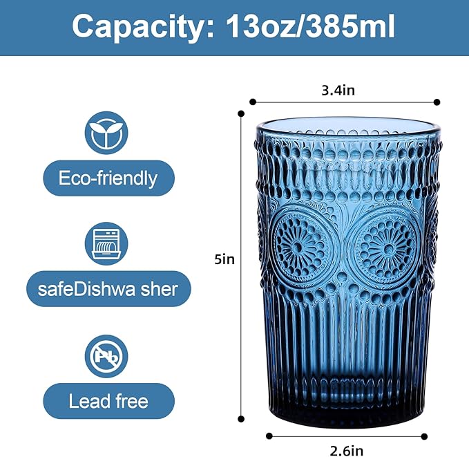 Vintage Glassware Drinking Glasses Set of 6,13 oz Blue Textured Flower Design Glass Water Tumblers,Embossed Striped Drinkware for Water,Cocktails,Juice,Iced Coffee