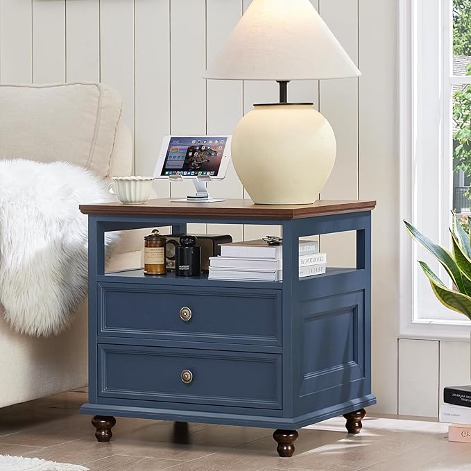 24" Wide Farmhouse Night Stand,Large End Table with 2 Drawers & Metal Handle,Wood Dresser for Bedroom, Blue Bed Side Table Chest of Drawers Cabinet,Nightstand for Living Room,Closet