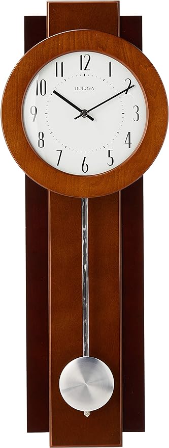 Bulova C3383 Avent Wall Clock | Two-Tone Wooden Case with Slow-Swing Pendulum | Arabic Numerals | Personalization Plate | 23.5" Height