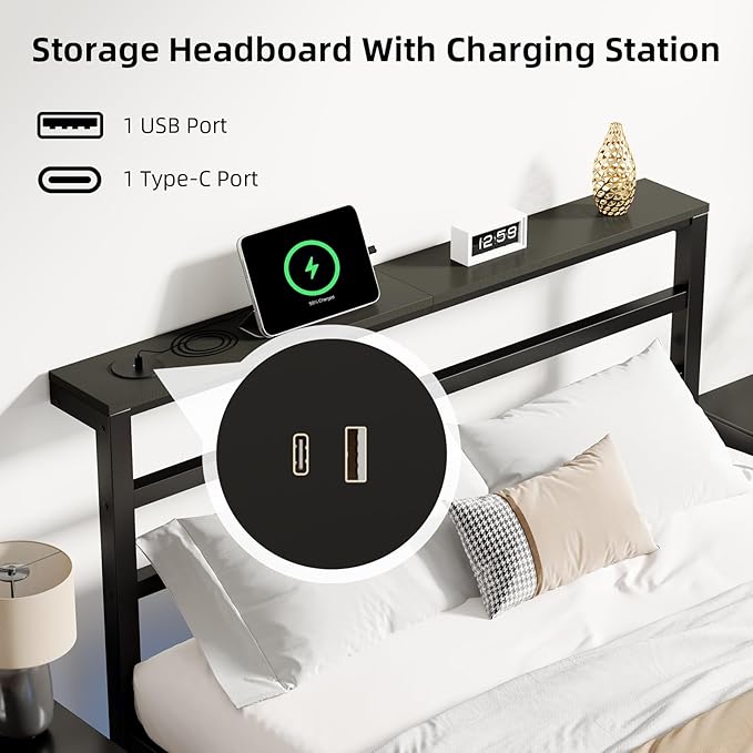 Queen Size Bed Frame with LED Lights, Metal Platform Bed Frame with Storage Headboard, Bed Frame Queen Size with Charging Station, Heavy Duty Metal Slat, No Box Spring Needed, Easy Assembly, Black