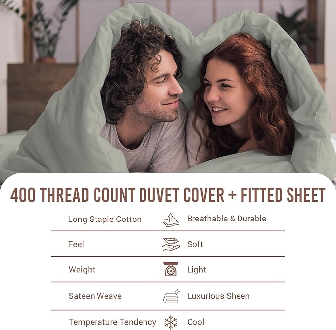 Pizuna 100% Cotton Full 3 Pc Duvet Cover + 1 Pc Fitted Sheet Set 400 Thread Count Silver Sateen Weave Luxurious Long Staple Cotton 4 Piece Bedding Set - 1 Duvet Cover, 2 Pillow Shams, 1 Fitted Sheet
