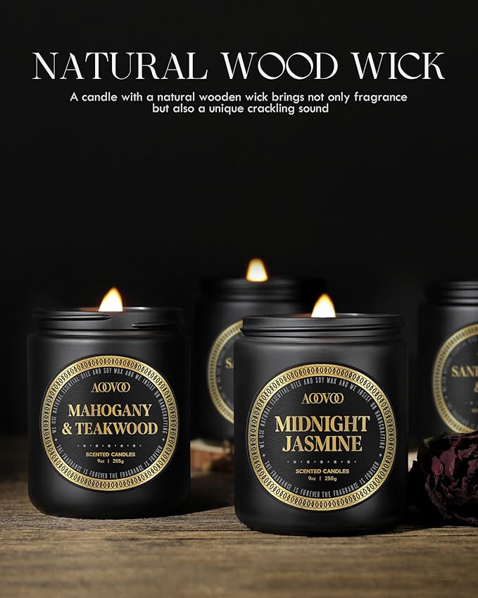 AOOVOO Scented Candles for Men - Mahogany & Teakwood Candles for Home Scented | Crackling Wood Wick Soy Candles | Strong Fragranced Masculine Black Candle Gift for Women & Men, 9oz